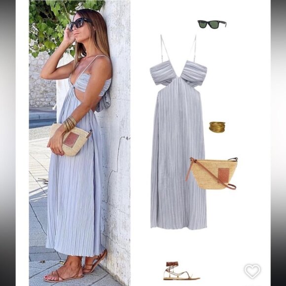 Zara Cut Out Pleated Midi Long Dress Light Blue Size Medium - Picture 3 of 10